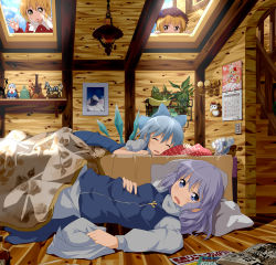 Rule 34 | 4girls, aki minoriko, aki shizuha, alarm clock, apron, bed, blanket, blonde hair, blue dress, blue sky, bow, calendar (object), character doll, cirno, clock, drawing (object), dress, floral print, food, frozen, fruit, grapes, hair bow, hand on own stomach, hat, highres, lamp, letty whiterock, lily white, long hair, long sleeves, looking at viewer, lying, mountain, multiple girls, newspaper, on back, on bed, on floor, on stomach, pillow, plant, potted plant, puffy sleeves, purple eyes, purple hair, ruu (tksymkw), shelf, short hair, short sleeves, siblings, silver hair, sisters, sky, sleeping, snowman, stairs, touhou, unworn hat, unworn headwear, waist apron, white dress, window, wings, yellow eyes, zebra