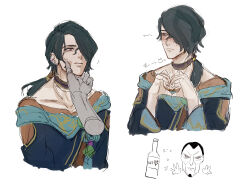 Rule 34 | 2boys, absurdres, black hair, blush, bottle, collarbone, cropped torso, double v, earrings, hair over one eye, hand on another&#039;s chin, heart, heart hands, highres, hwei (league of legends), jewelry, jhin, league of legends, long hair, long sleeves, male focus, mask, multiple boys, multiple views, ponytail, solo focus, sume chi (suijou10), sweat, v