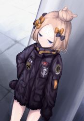 Rule 34 | 1girl, abigail williams (fate), abigail williams (traveling outfit) (fate), black bow, black jacket, blonde hair, blue eyes, bow, closed mouth, commentary request, crossed bandaids, dutch angle, fate/grand order, fate (series), hair bow, hair bun, hand on own hip, highres, jacket, key, lit ter, long hair, long sleeves, official alternate costume, orange bow, parted bangs, polka dot, polka dot bow, single hair bun, sleeves past fingers, sleeves past wrists, solo, standing, star (symbol)