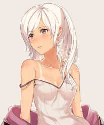 Rule 34 | 1girl, breasts, brown eyes, camisole, fire emblem, fire emblem awakening, grey background, haru (nakajou-28), long hair, looking away, looking to the side, nintendo, parted lips, revision, robin (female) (fire emblem), robin (fire emblem), simple background, small breasts, solo, strap slip, tan, tanline, twintails, upper body, white camisole, white hair
