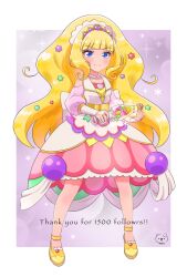 Rule 34 | apron, blonde hair, blue eyes, bow, bridal gauntlets, commentary request, creamy fleuret, cure finale, delicious party precure, full body, highres, kasai amane, long hair, magical girl, moro precure, precure, smile, sparkle hair ornament, tiara, white bow, wide ponytail, yellow footwear