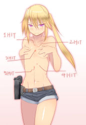 Rule 34 | 1girl, bad id, bad pixiv id, belt, blonde hair, blush, burn mark, covering privates, covering breasts, flat chest, frown, gradient background, gun, handgun, highres, holster, long hair, looking at viewer, navel, onibi (foxhound4185), original, pink eyes, shorts, solo, topless, weapon
