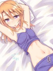 Rule 34 | 1girl, armpits, arms up, bed sheet, blush, camisole, commentary request, dated, highres, hikawa shou, idolmaster, idolmaster cinderella girls, long hair, looking at viewer, lying, navel, on back, orange hair, parted lips, pillow, purple eyes, short shorts, shorts, signature, solo, yuuki haru