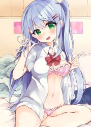 Rule 34 | 1girl, :d, bare legs, bed sheet, blue hair, blue skirt, blush, bow, bra, breasts, cleavage, collared shirt, commentary request, dress shirt, green eyes, hair between eyes, hair ornament, hairclip, hands up, head tilt, long hair, looking at viewer, maki soutoki, medium breasts, navel, open clothes, open mouth, open shirt, original, panties, pink bra, pink panties, pleated skirt, pulled by self, red bow, ribbon-trimmed bra, ribbon-trimmed panties, shirt, short sleeves, side ponytail, sitting, skirt, smile, strap pull, striped bra, striped clothes, striped panties, underwear, unworn skirt, vertical-striped bra, vertical-striped clothes, vertical-striped panties, very long hair, white shirt