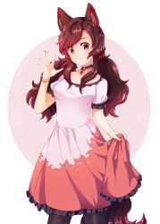 Rule 34 | 1girl, :d, absurdres, animal ears, brown hair, brown thighhighs, dress, dungeon toaster, grin, highres, imaizumi kagerou, long hair, looking at viewer, nail polish, open mouth, pink dress, red eyes, red nails, short sleeves, smile, solo, tail, teeth, thighhighs, touhou, twintails, white background, wolf ears, wolf girl, wolf tail