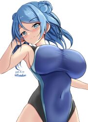 Rule 34 | 1girl, black one-piece swimsuit, blue eyes, blue hair, blue one-piece swimsuit, blush, breasts, competition swimsuit, covered navel, dated, double bun, hair between eyes, hair bun, highleg, highleg swimsuit, highres, impossible clothes, impossible swimsuit, kantai collection, large breasts, long hair, looking at viewer, montemasa, multicolored clothes, multicolored swimsuit, one-hour drawing challenge, one-piece swimsuit, simple background, smile, solo, swimsuit, twitter username, two-tone swimsuit, upper body, urakaze (kancolle), white background
