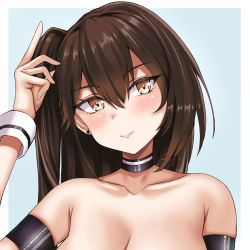 Rule 34 | 1girl, armband, azur lane, bare shoulders, black choker, blue background, blush, breasts, brown hair, choker, cleavage, collarbone, commentary request, comotaro, hair between eyes, hand up, head tilt, highres, long hair, looking at viewer, one side up, out-of-frame censoring, portrait, smile, solo, upper body, yellow eyes, zuikaku (azur lane)