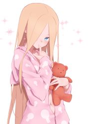 Rule 34 | 1girl, abigail williams (fate), blonde hair, blue eyes, commentary request, fate/grand order, fate (series), finger to mouth, hair over one eye, highres, holding, holding stuffed toy, hood, hood down, hooded jacket, jacket, jilu, long hair, long sleeves, looking at viewer, parted bangs, parted lips, pink jacket, simple background, sleeves past wrists, solo, sparkle, stuffed animal, stuffed toy, teddy bear, upper body, very long hair, white background