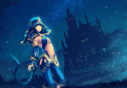 Rule 34 | 1girl, arabian clothes, armpits, au ra, blue eyes, blue hair, blue headwear, blue pants, blue sleeves, breasts, castle, commentary request, detached sleeves, final fantasy, final fantasy xiv, fog, harem pants, highres, hood, looking at viewer, night, night sky, pants, short hair, sky, small breasts, solo, star (sky), starry sky, tail, tenmaso