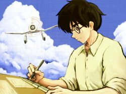Rule 34 | 1boy, aircraft, airplane, bigu0908, black-framed eyewear, black hair, blue sky, buttons, closed mouth, cloud, collared shirt, commentary request, concentrating, dress shirt, expressionless, glasses, grid, holding, holding pencil, horikoshi jirou, kaze tachinu, looking down, male focus, open collar, paper, pencil, round eyewear, ruler, shirt, short hair, sky, sleeves rolled up, solo, upper body, writing, yellow shirt