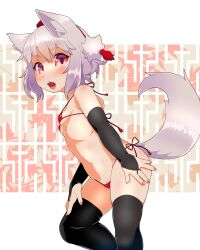 Rule 34 | 1girl, animal ear fluff, animal ears, bikini, black bridal gauntlets, black thighhighs, blush, breasts, bridal gauntlets, commentary request, feet out of frame, fingernails, hair between eyes, hand on own leg, hat, inubashiri momiji, leaf, looking at viewer, maple leaf, micro bikini, navel, open mouth, pink nails, red bikini, red eyes, red hat, short hair, side-tie bikini bottom, small breasts, solo, swimsuit, tail, teeth, thighhighs, tokin hat, tongue, torque, touhou, upper teeth only, white background, white hair, wolf ears, wolf girl, wolf tail