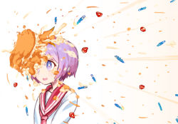 Rule 34 | 00s, 1girl, asgr, blush, cake, food, food on face, fruit, hair ribbon, highres, hiiragi tsukasa, in the face, lucky star, messy, open mouth, pie in face, purple eyes, purple hair, ribbon, school uniform, serafuku, short hair, simple background, smile, solo, strawberry, white background