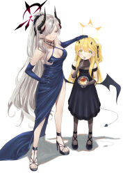 Rule 34 | 2girls, beruu, black dress, black footwear, black gloves, black horns, black pantyhose, black tail, black wings, blonde hair, blue archive, blue dress, blue gloves, blush, breasts, cleavage, collarbone, demon horns, demon tail, demon wings, dress, elbow gloves, food, gloves, grey eyes, grey hair, grin, halo, halter dress, halterneck, highres, holding, holding spoon, horns, ibuki (blue archive), ibuki (dress) (blue archive), large breasts, long hair, makoto (blue archive), makoto (dress) (blue archive), multiple girls, multiple horns, official alternate costume, pantyhose, pointy ears, pudding, red halo, sandals, shoes, simple background, smile, spoon, tail, white background, wings, yellow eyes, yellow halo
