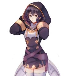 Rule 34 | 1girl, ahoge, bad id, bad twitter id, fire emblem, fire emblem awakening, fire emblem heroes, gloves, hood, jacket, llicornia, looking at viewer, morgan (female) (fire emblem), morgan (fire emblem), nintendo, short hair, solo, thighhighs, white background