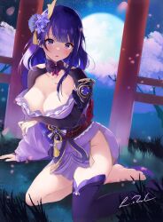 Rule 34 | 1girl, architecture, arm support, arm under breasts, armor, barefoot, black gloves, blush, breast hold, breasts, bridal gauntlets, cleavage, east asian architecture, flower, full moon, genshin impact, gloves, hair flower, hair ornament, highres, japanese clothes, kimono, large breasts, long hair, looking at viewer, lukas reule, moon, nail polish, night, night sky, no panties, obi, purple eyes, purple hair, purple kimono, purple nails, purple thighhighs, raiden shogun, sash, shoulder armor, sitting, sky, solo, surprised, thighhighs, torii, very long hair, yokozuwari