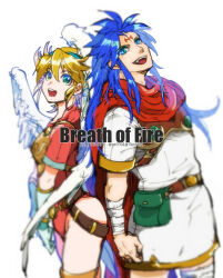 Rule 34 | 1boy, 1girl, 3104, angel wings, armor, blonde hair, blue eyes, blue hair, breath of fire, breath of fire i, facial mark, feathered wings, forehead mark, gloves, hairband, leotard, looking at viewer, nina (breath of fire i), open mouth, red leotard, ryuu (breath of fire i), short hair, simple background, smile, thighhighs, white background, white wings, wings