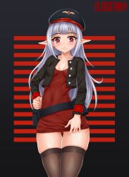 Rule 34 | 1girl, absurdres, belt, black thighhighs, bloodcandy, breasts, cleavage, closed mouth, hand on own hip, hat, highres, long sleeves, looking at viewer, peaked cap, pointy ears, small breasts, solo, thighhighs