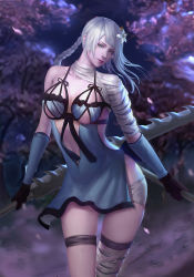 Rule 34 | 1girl, asymmetrical hair, bandaged arm, bandaged leg, bandaged neck, bandages, black gloves, braid, breasts, clothing cutout, detached sleeves, dual wielding, firons, flower, gloves, green eyes, hair flower, hair ornament, highres, holding, holding sword, holding weapon, jagged sword, kaine (nier), large breasts, leg strap, lingerie, lunar tear, medium hair, negligee, nier, nier (series), night, panties, petals, solo, stomach cutout, sword, thigh strap, underwear, weapon, white panties