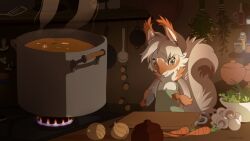 Rule 34 | 1girl, 2023, acorn, animal ears, animated, animated gif, apron, artist name, brown fur, carrot, closed mouth, commentary, cooking, cooking pot, cutting board, english commentary, fire, fire, furry, furry female, green apron, indoors, kitchen, kitchen knife, making-of available, mushroom, onion, original, ostinlein, shelf, soup ladle, spatula, squirrel ears, squirrel girl, squirrel tail, steam, stove, tail, white fur