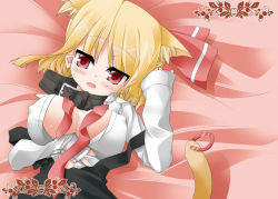 Rule 34 | 1girl, animal ears, bed, blonde hair, blush, breast hold, breasts, cat ears, cat girl, cat tail, collar, embodiment of scarlet devil, fang, female focus, hair ribbon, kemonomimi mode, large breasts, lying, necktie, on back, open clothes, open shirt, red eyes, ribbon, rumia, shirt, short hair, solo, tail, touhou, uhyo (uhyoahya), uhyoahya, undone, undone necktie