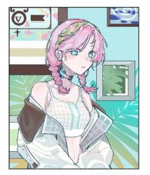 Rule 34 | 1girl, arknights, blue eyes, blue poison (arknights), blue poison (shoal beat) (arknights), border, braid, breasts, choker, hairband, jacket, looking at viewer, medium hair, o-ring, o-ring choker, off shoulder, official alternate costume, open clothes, open jacket, open mouth, pink choker, pink hair, rectangular pupils, scales, small breasts, solo, sports bra, twin braids, twintails, upper body, wangchuan, white border, white jacket, white sports bra