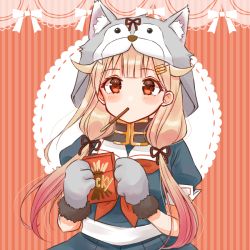 Rule 34 | 1girl, animal hands, black ribbon, blonde hair, box, cocoperino, commentary request, cowboy shot, food, gloves, gradient hair, hair flaps, hair ornament, hair ribbon, hairclip, holding, kantai collection, long hair, mouth hold, multicolored hair, official alternate costume, paw gloves, pocky, red background, red eyes, ribbon, solo, striped, striped background, wolf hood, yuudachi (kancolle), yuudachi kai ni (kancolle)