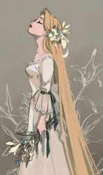Rule 34 | 1girl, absurdly long hair, alternate costume, arm at side, back bow, beige background, blonde hair, bouquet, bow, breasts, closed eyes, collarbone, dress, expressionless, eyelashes, feet out of frame, floral background, flower, frilled sleeves, frills, from side, green ribbon, grey background, hair flower, hair ornament, head back, highres, holding, holding bouquet, lace, lace-trimmed sleeves, lace trim, lips, long dress, long hair, long sleeves, masso, petals, profile, rapunzel (disney), red lips, ribbon, sideboob, simple background, small breasts, solo, standing, straight hair, tangled, very long hair, white dress, white flower