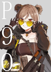 Rule 34 | 1girl, ammunition pouch, black coat, black gloves, breasts, brown hair, character name, choker, coat, commission, double bun, gas mask, girls&#039; frontline, gloves, grey background, hair between eyes, hair bun, highres, kawahara shino, looking at viewer, magazine (weapon), mask, medium breasts, open clothes, open coat, p90 (girls&#039; frontline), parted lips, partially fingerless gloves, pouch, red eyes, short hair, skeb commission, smile, solo, sunglasses, teeth, upper body