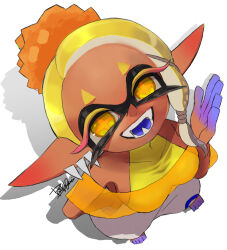 Rule 34 | 1girl, blonde hair, breasts, collarbone, colored eyelashes, commentary request, dark-skinned female, dark skin, fangs, from above, frye (splatoon), hand on own hip, harem pants, inkling, isamu-ki (yuuki), medium breasts, nintendo, open mouth, pants, pointy ears, shadow, shawl, short hair, signature, simple background, smile, solo, splatoon (series), splatoon 3, star-shaped pupils, star (symbol), symbol-shaped pupils, teeth, tentacle hair, thick eyebrows, white background, yellow eyes, yellow shawl