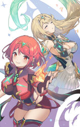 Rule 34 | 2girls, blonde hair, breasts, highres, large breasts, multiple girls, mythra (xenoblade), pyra (xenoblade), red eyes, red hair, xenoblade chronicles (series), xenoblade chronicles 2, yanagimachi, yellow eyes