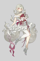 Rule 34 | 1girl, absurdres, bare shoulders, blush, bouquet, breasts, cleavage, closed mouth, dress, flower, grey background, grey hair, high heels, highres, holding, holding bouquet, lai dou laile 555, long hair, nijisanji, nijisanji en, off-shoulder dress, off shoulder, red eyes, red ribbon, reimu endou, ribbon, simple background, single leg pantyhose, small breasts, smile, solo, virtual youtuber, white dress, white footwear