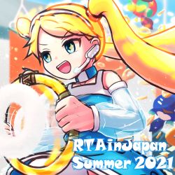Rule 34 | 1girl, bare shoulders, blonde hair, blue dress, blue eyes, copyright name, detached sleeves, dress, ewokakukaede, exercising, headset, holding, long hair, open mouth, ring-con, ring fit adventure, rta-chan, rta in japan, see-through, see-through sleeves, smile, sweat, twintails, upper body