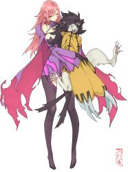 Rule 34 | 1boy, 1girl, absurdres, animal ears, bare shoulders, black gloves, black hair, black sclera, blazblue, blazblue: central fiction, blazblue: chronophantasma, blazblue: cross tag battle, breasts, cape, cat, cat ears, cat tail, claw (weapon), claws, cleavage, colored sclera, eyepatch, gloves, highres, jubei (blazblue), konoe a. mercury, large breasts, long hair, madiblitz, multiple tails, pink hair, red eyes, smile, spiked hair, tail, thighhighs, weapon, yellow eyes