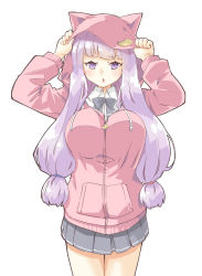 Rule 34 | 1girl, adjusting hood, animal ears, animal hood, arnest, blunt bangs, blush, bow, bowtie, breasts, collared shirt, contemporary, grey bow, grey skirt, highres, hood, hooded jacket, jacket, large breasts, long hair, looking at viewer, low-tied long hair, miniskirt, moon (ornament), open mouth, patchouli knowledge, pink jacket, pleated skirt, purple eyes, purple hair, shirt, skirt, thighs, touhou, white background, white shirt