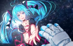 Rule 34 | 1/6 -out of the gravity- (vocaloid), 1boy, 1girl, ahoge, aqua eyes, aqua hair, arm up, asanome, astronaut, black dress, black pantyhose, breasts, cleavage, corset, dress, fingernails, floating, frilled dress, frills, hatsune miku, heart, heart ahoge, highres, long hair, medium breasts, no shoes, open mouth, pantyhose, planet, puffy sleeves, sky, smile, solo, space, star (sky), starry sky, teeth, tongue, twintails, upper teeth only, vocaloid
