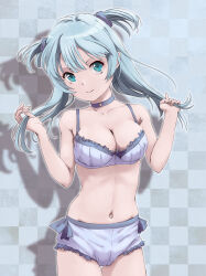 Rule 34 | 1girl, aqua eyes, bare arms, blue hair, bra, breasts, checkered background, cleavage, closed mouth, collarbone, cowboy shot, floating hair, frilled bra, frilled panties, frills, grey background, grey bra, grey choker, grey panties, hair between eyes, highres, holding, holding own hair, long hair, looking at viewer, magia record: mahou shoujo madoka magica gaiden, mahou shoujo madoka magica, marutaya, medium breasts, minami rena, navel, panties, smile, solo, standing, thigh gap, two side up, underwear, underwear only