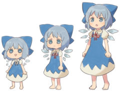 Rule 34 | 3girls, barefoot, blue bow, blue dress, blue eyes, blue hair, bow, chibi, cirno, commentary request, dress, hair bow, ice, ice wings, lineup, multiple girls, multiple views, partial commentary, puffy short sleeves, puffy sleeves, sasa kichi, short dress, short sleeves, simple background, standing, touhou, white background, wings
