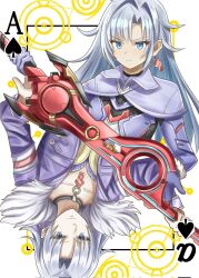 1boy 1girl a_(xenoblade) ace_(playing_card) alvis_(xenoblade) armored_bodysuit blue_eyes card closed_mouth core_crystal_(xenoblade) curtained_hair dual_persona earrings eyelashes grey_hair highres jewelry long_hair monado monado_fencer necklace parted_bangs piubiscuit playing_card v-shaped_eyebrows xenoblade_chronicles_(series) xenoblade_chronicles_3 xenoblade_chronicles_3:_future_redeemed