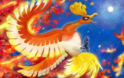 Rule 34 | commentary request, creatures (company), dated, day, from side, game freak, gen 2 pokemon, ho-oh, legendary pokemon, nintendo, no humans, open mouth, orange eyes, outdoors, pokemon, pokemon (creature), sky, solo, suiiro, sun, talons