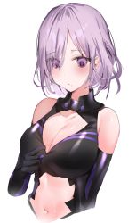 Rule 34 | 1girl, :/, bad id, bad pixiv id, black dress, black gloves, blush, breasts, cleavage, cleavage cutout, clothing cutout, dress, elbow gloves, eyes visible through hair, fate/grand order, fate (series), gloves, hair over one eye, highres, large breasts, light purple hair, mash kyrielight, midriff, navel, purple eyes, purple hair, short hair, simple background, solo, upper body, white background, yuuko (030 yuko)