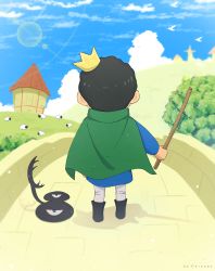 Rule 34 | 1boy, absurdres, artist name, barn, bird, black footwear, black hair, blue shirt, blurry, bokeh, bridge, cape, child, cloud, commentary request, creature, crown, depth of field, deroops, from behind, green cape, highres, holding, holding stick, male focus, ousama ranking, outdoors, shadow, sheep, shirt, sky, solo, stick, tree, white legwear