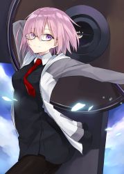Rule 34 | 1girl, arm up, azuuru (azure0608), bad id, bad twitter id, black-framed eyewear, black dress, breasts, cloud, day, dress, fate/grand order, fate (series), glasses, glasses day, highres, holding, holding shield, jacket, light particles, looking at viewer, mash kyrielight, medium breasts, necktie, pantyhose, purple eyes, purple hair, red necktie, shield, short hair, smile, solo, white jacket, wind