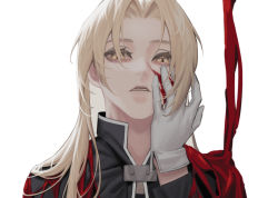 Rule 34 | 1boy, black jacket, blonde hair, blood, blood on face, cbow, coat, edward elric, eyelashes, fullmetal alchemist, gloves, hair down, hair over one eye, hand on own cheek, hand on own face, hand up, jacket, long hair, long sleeves, looking at viewer, male focus, parted bangs, parted lips, red coat, simple background, solo, torn clothes, white background, white gloves, yellow eyes
