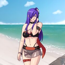 Rule 34 | 1girl, absurdres, beach, blue sky, breasts, cleavage, fire emblem, fire emblem heroes, highres, large breasts, nintendo, ocean, pin up, purple eyes, shez (female) (fire emblem), shez (female) (summer) (fire emblem), shez (fire emblem), sky, sokloeum