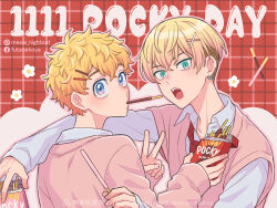 Rule 34 | 2boys, blonde hair, blue eyes, earrings, eating, food, green eyes, hair ornament, hairclip, hanagaki takemichi, jewelry, long sleeves, male focus, matsuno chifuyu, mouth hold, multiple boys, necktie, nightcat, open mouth, pink shirt, pink vest, pocky, pocky day, red necktie, shirt, tokyo revengers, v, vest, x hair ornament