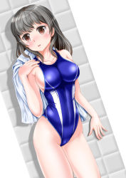Rule 34 | 1girl, black hair, blush, breasts, brown eyes, collarbone, competition swimsuit, cowboy shot, long hair, mashinatsu, one-piece swimsuit, open mouth, original, reiji-sss, skin tight, solo, swimsuit, towel