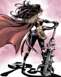 Rule 34 | 1girl, ass, belt, black hair, black pants, breasts, cape, club (weapon), commentary request, crop top, covered erect nipples, from behind, full body, fur collar, hand on own hip, high heels, highres, horns, huge weapon, lips, living weapon, long hair, looking back, medium breasts, oni, oni horns, oni nee-san (to-ru), original, pants, planted, pointy ears, sash, shoulder tattoo, solo, spiked club, stiletto heels, tattoo, tight clothes, tight pants, to-ru, toned, weapon, wind, wind lift