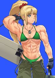 Rule 34 | 1girl, abs, arm up, biceps, bikini, black gloves, blonde hair, blue eyes, breasts, breasts apart, cessa, commentary, cowboy shot, dragunov (metal slug), english commentary, fingerless gloves, gloves, green bikini, green pants, highres, jewelry, long hair, medium breasts, metal slug, metal slug attack, muscular, muscular female, necklace, one eye closed, pants, ponytail, scar, solo, swimsuit