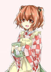 Rule 34 | 1girl, apron, bell, book, checkered clothes, checkered kimono, clothes writing, deetamu, female focus, hair bell, hair bobbles, hair ornament, highres, holding, japanese clothes, kimono, looking at viewer, motoori kosuzu, open mouth, orange eyes, orange hair, red eyes, red hair, smile, solo, tam-out (datam), touhou, twintails, two side up