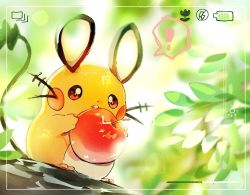 Rule 34 | !, apple, battery indicator, blurry, brown eyes, commentary request, creatures (company), day, dedenne, food, framed, fruit, game freak, gen 6 pokemon, holding, holding food, holding fruit, leaf, nao (naaa 195), nintendo, no humans, open mouth, outdoors, pokemon, pokemon (creature), solo, spoken exclamation mark, standing, viewfinder